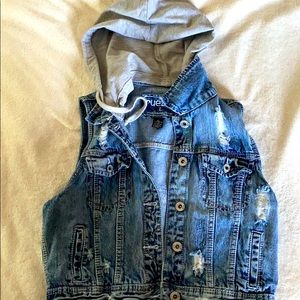 Denim vest with detachable sweatshirt hood